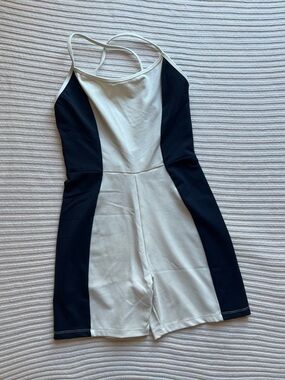 Garage Athleisure One Piece Workout Jumper Open Back Color Block White Navy XS